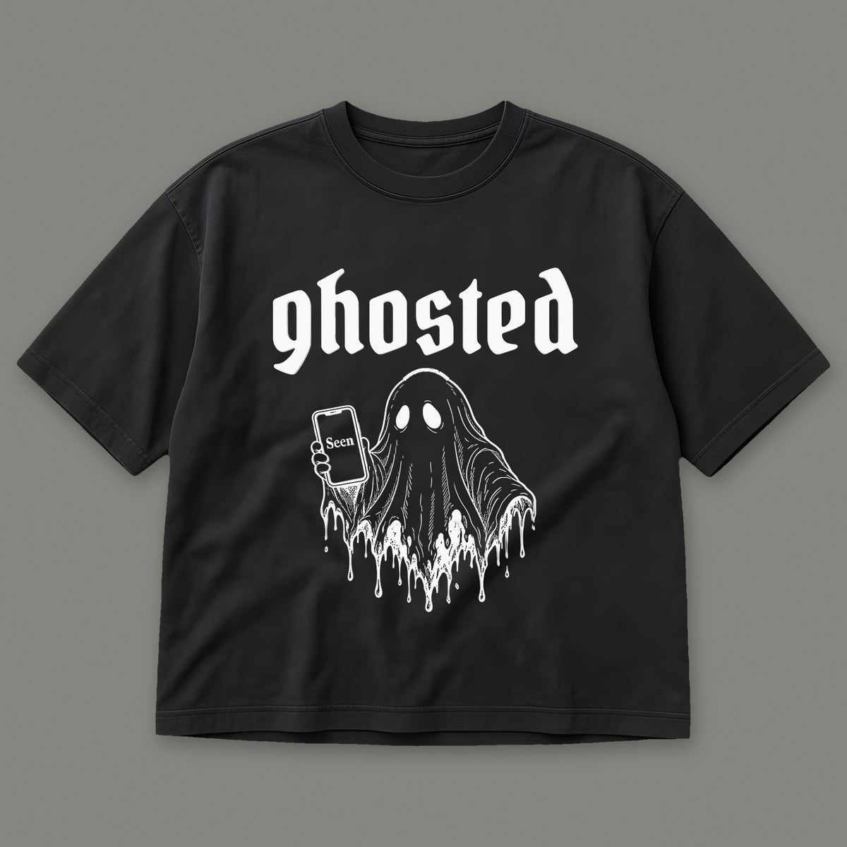 Ghosted Women's Boxy Tee in black by Trauma Dump, little ghost with phone left on read tattoo-style gothic graphic (Black, white ink)