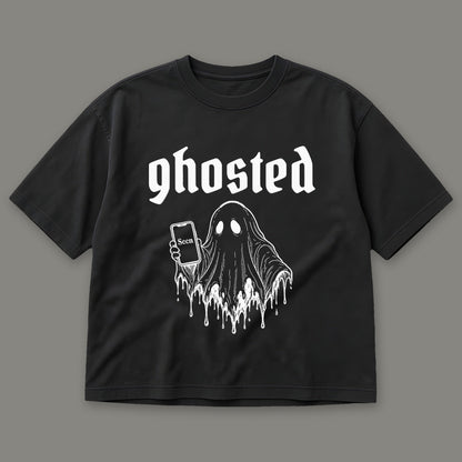 Ghosted Women's Boxy Tee in black by Trauma Dump, little ghost with phone left on read tattoo-style gothic graphic (Black, white ink)