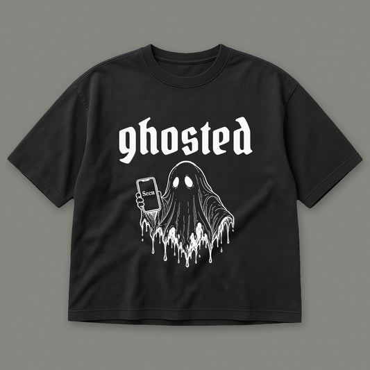 Ghosted Women's Boxy Tee in black by Trauma Dump, little ghost with phone left on read tattoo-style gothic graphic (Black, white ink)