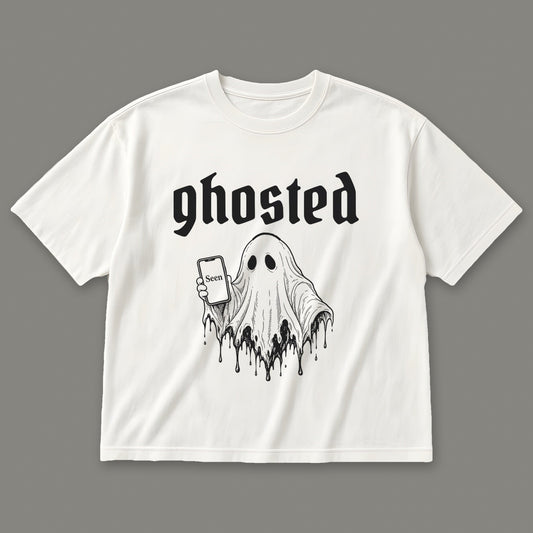 Ghosted Women's Boxy Tee in white by Trauma Dump, little ghost with phone left on read tattoo-style gothic graphic in black ink
