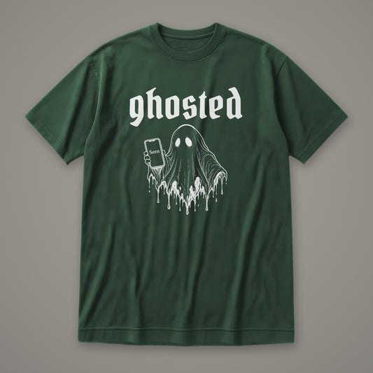 Ghosted Women's Relaxed Tee in forest green by Trauma Dump, little ghost with phone left on read tattoo-style gothic graphic in white ink (Forest Green, white ink)