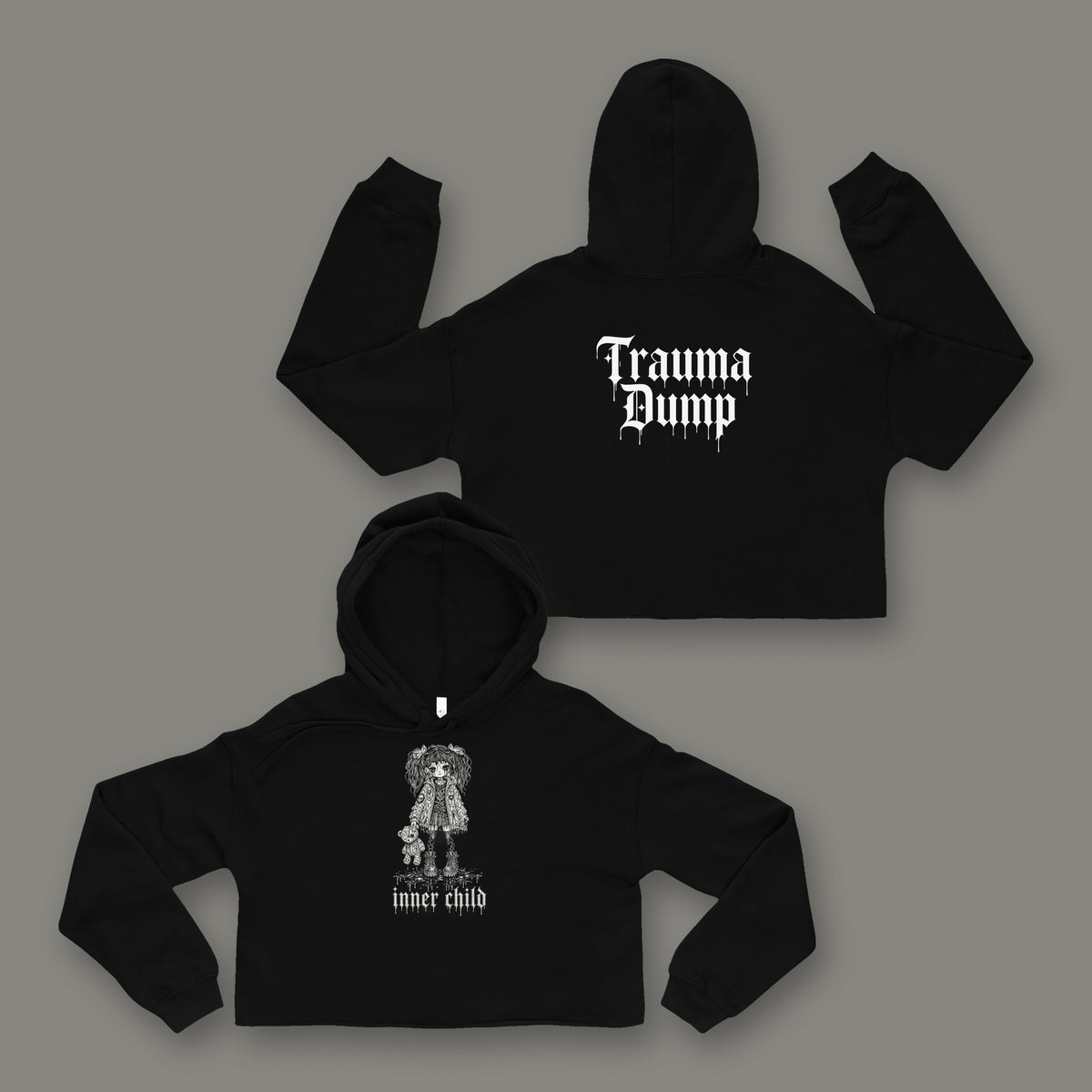Inner Child Cropped Hoodie in black by Trauma Dump, girl and teddy bear tattoo-style gothic graphic