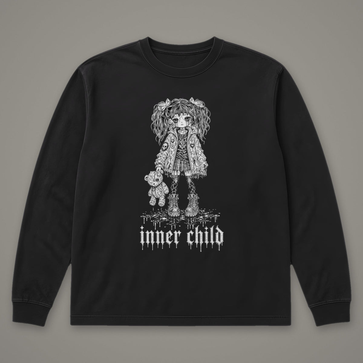 Inner Child Long Sleeve Tee in black, front view
