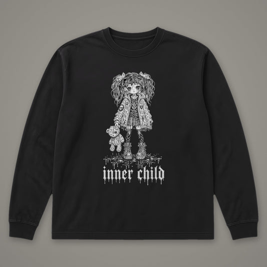Inner Child Long Sleeve Tee in black, front view