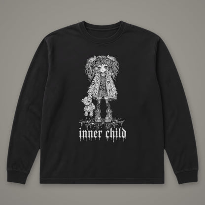 Inner Child Long Sleeve Tee in black, front view (Black, white ink)