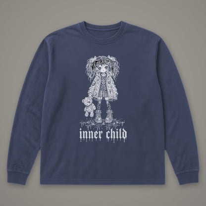 Inner Child Long Sleeve Tee in navy, front view (Navy, white ink)