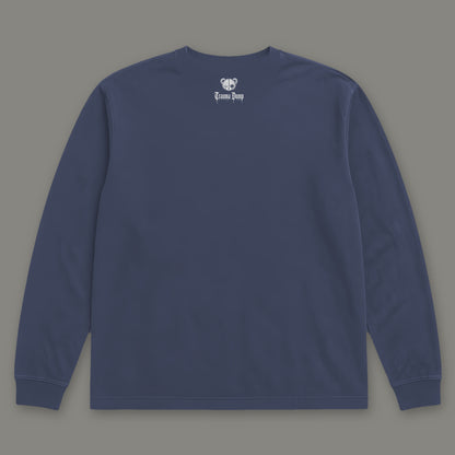 Inner Child Long Sleeve Tee back, Trauma Dump bear-head logo under the collar (Navy, white ink)