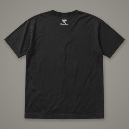 Inner Child Men's Heavyweight Tee by Trauma Dump, men's heavyweight tee back view with Trauma Dump bear-head logo under the collar (Black, white ink)