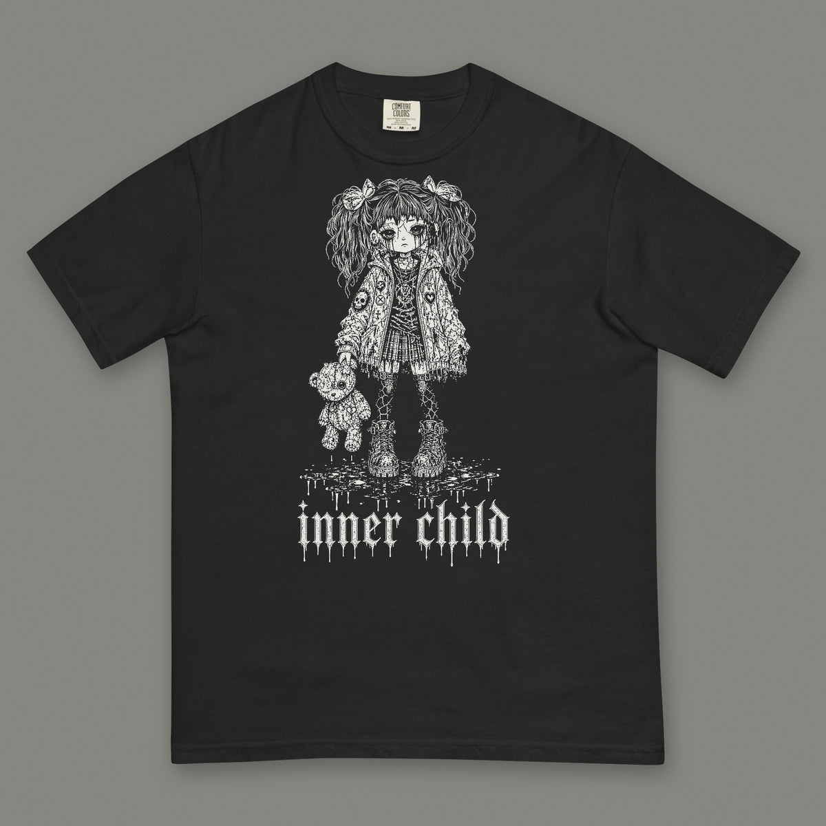 Inner Child Men's Heavyweight Tee in black by Trauma Dump, little girl with teddy bear tattoo-style gothic graphic in white ink (Black, white ink)