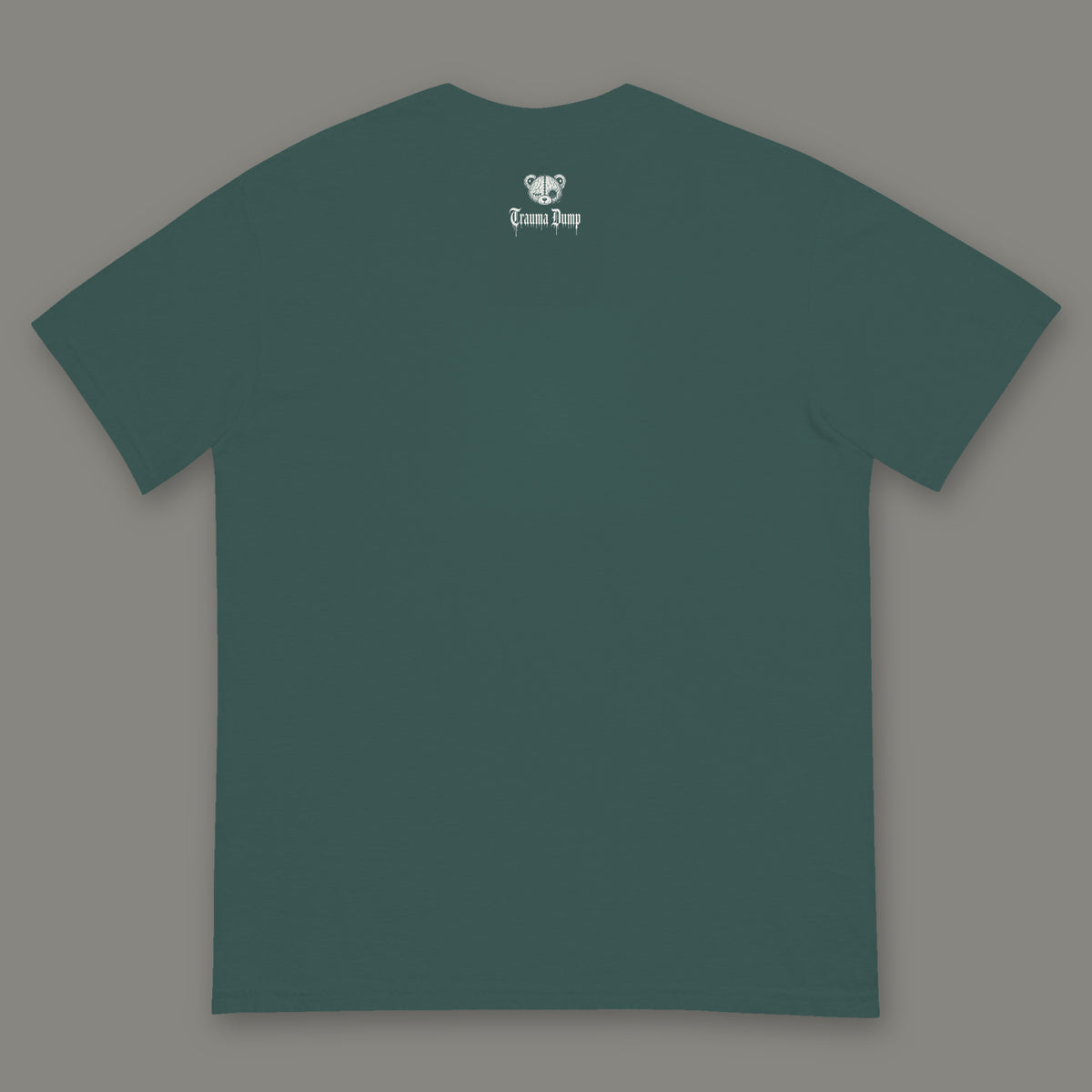 Inner Child Men's Heavyweight Tee back, Trauma Dump bear-head logo under the collar (Blue Spruce, white ink)