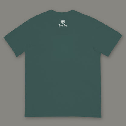 Inner Child Men's Heavyweight Tee back, Trauma Dump bear-head logo under the collar (Blue Spruce, white ink)