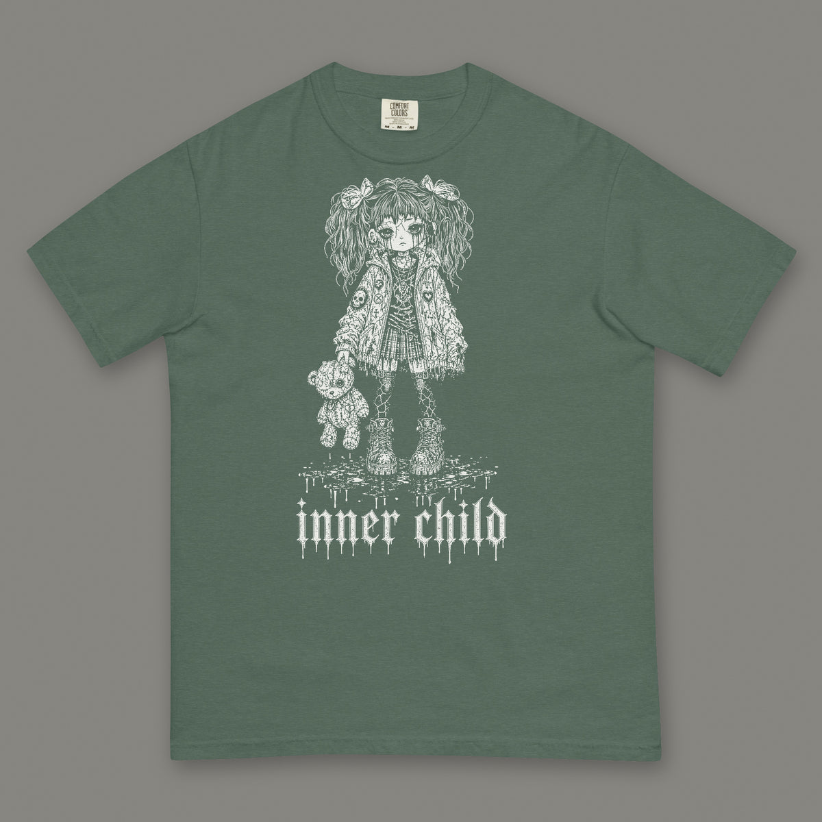Inner Child Men's Heavyweight Tee in blue spruce by Trauma Dump, little girl with teddy bear tattoo-style gothic graphic in white ink (Blue Spruce, white ink)