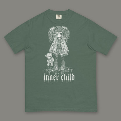 Inner Child Men's Heavyweight Tee in blue spruce by Trauma Dump, little girl with teddy bear tattoo-style gothic graphic in white ink (Blue Spruce, white ink)