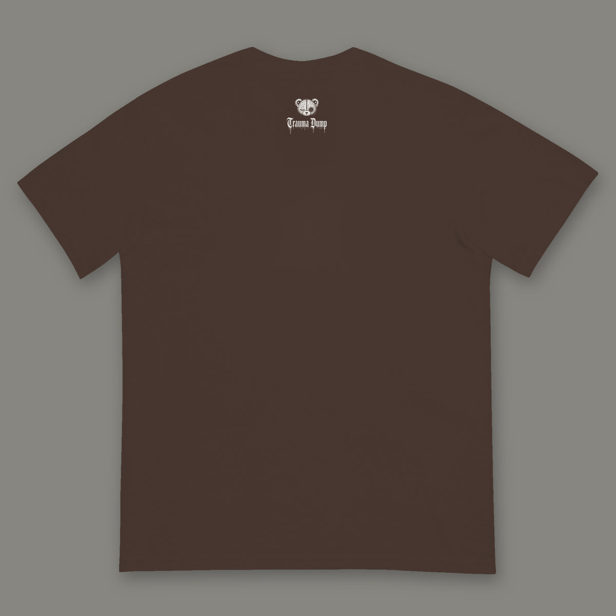 Inner Child Men's Heavyweight Tee back, Trauma Dump bear-head logo under the collar (Espresso, white ink)