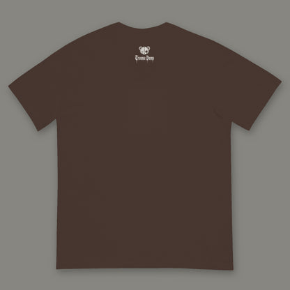 Inner Child Men's Heavyweight Tee back, Trauma Dump bear-head logo under the collar (Espresso, white ink)