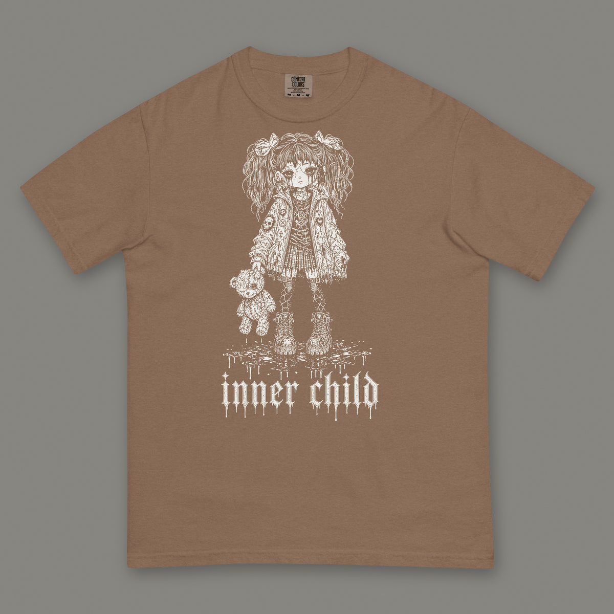 Inner Child Men's Heavyweight Tee in espresso by Trauma Dump, little girl with teddy bear tattoo-style gothic graphic in white ink (Espresso, white ink)