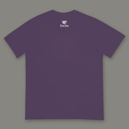 Inner Child Men's Heavyweight Tee back, Trauma Dump bear-head logo under the collar (Grape, white ink)