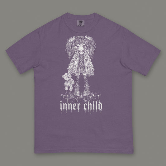 Inner Child Men's Heavyweight Tee in grape by Trauma Dump, little girl with teddy bear tattoo-style gothic graphic in white ink (Grape, white ink)