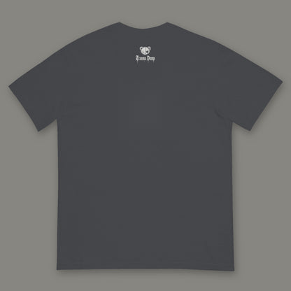 Inner Child Men's Heavyweight Tee back, Trauma Dump bear-head logo under the collar (Graphite, white ink)