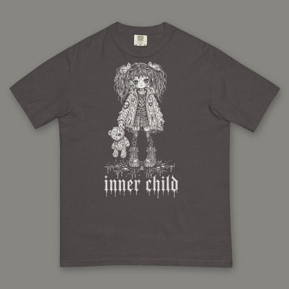 Inner Child Men's Heavyweight Tee in graphite by Trauma Dump, little girl with teddy bear tattoo-style gothic graphic in white ink (Graphite, white ink)