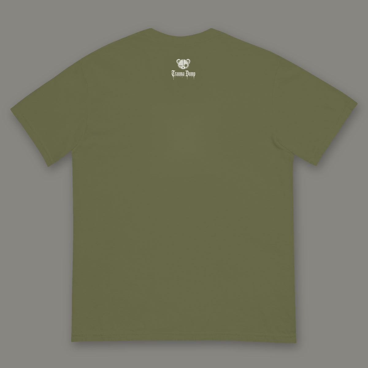 Inner Child Men's Heavyweight Tee back, Trauma Dump bear-head logo under the collar (Moss, white ink)