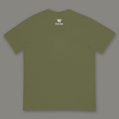 Inner Child Men's Heavyweight Tee back, Trauma Dump bear-head logo under the collar (Moss, white ink)