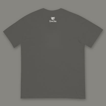 Inner Child Men's Heavyweight Tee back, Trauma Dump bear-head logo under the collar (Pepper, white ink)
