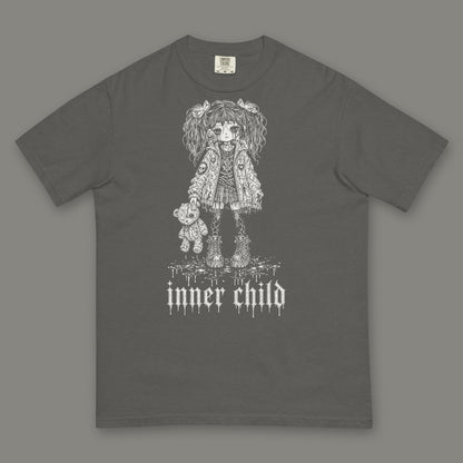 Inner Child Men's Heavyweight Tee in pepper by Trauma Dump, little girl with teddy bear tattoo-style gothic graphic in white ink (Pepper, white ink)