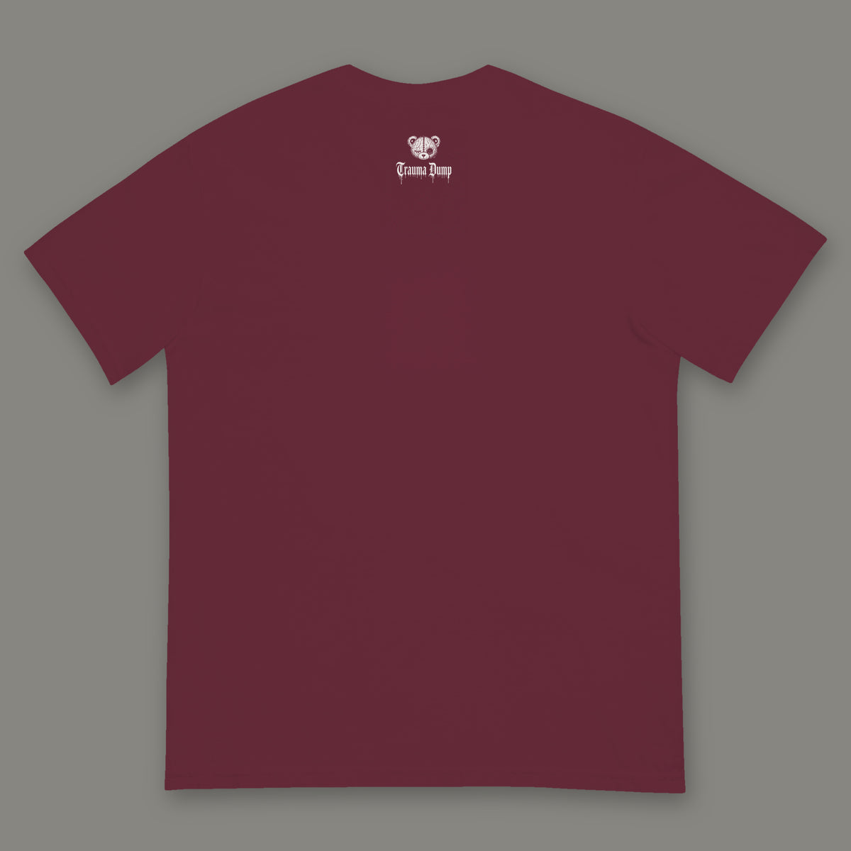 Inner Child Men's Heavyweight Tee back, Trauma Dump bear-head logo under the collar (Wine, white ink)