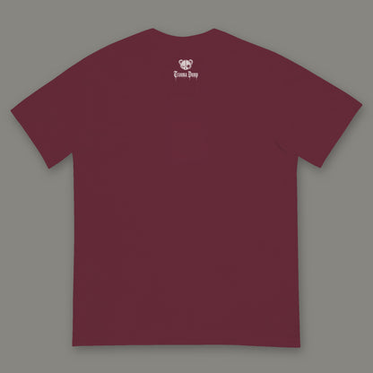 Inner Child Men's Heavyweight Tee back, Trauma Dump bear-head logo under the collar (Wine, white ink)