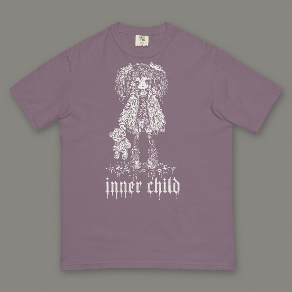 Inner Child Men's Heavyweight Tee in wine by Trauma Dump, little girl with teddy bear tattoo-style gothic graphic in white ink (Wine, white ink)