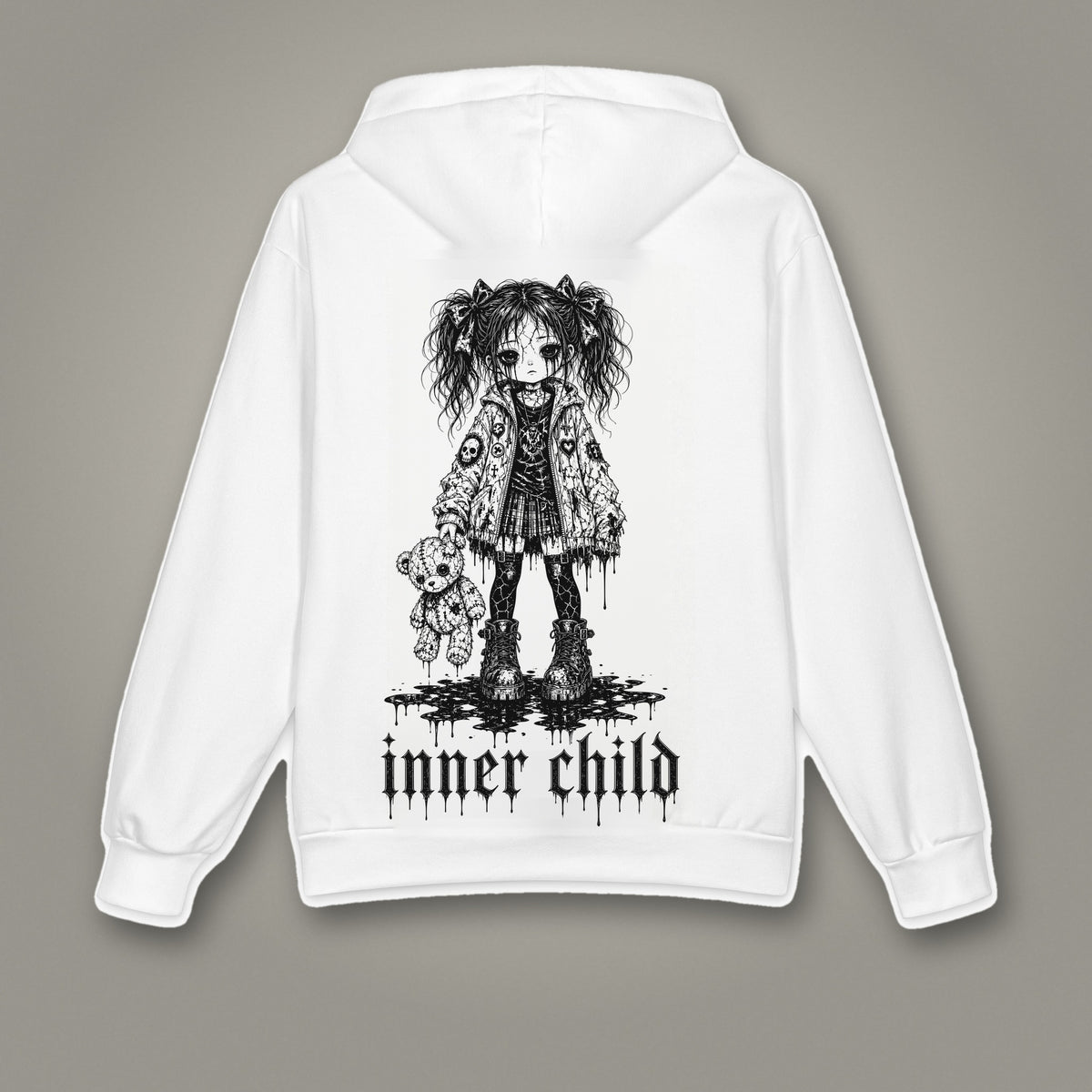 Inner Child Oversized Cotton Hoodie by Trauma Dump, white oversized grunge hoodie back with girl and teddy bear print, mockup view 2
