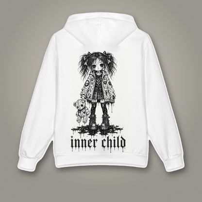 Inner Child Oversized Cotton Hoodie by Trauma Dump, white oversized grunge hoodie back with girl and teddy bear print, mockup view 2