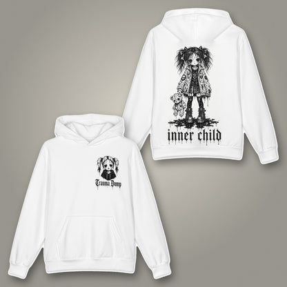 Inner Child Oversized Cotton Hoodie in white by Trauma Dump, girl and teddy bear tattoo-style gothic graphic