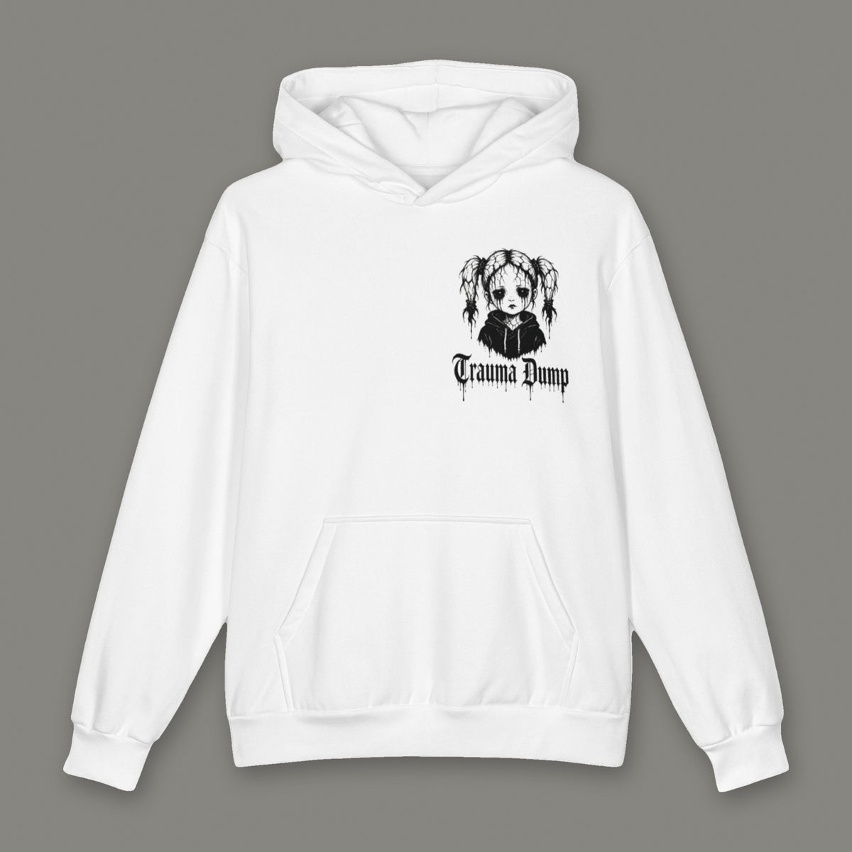 Inner Child Oversized Cotton Hoodie by Trauma Dump, white oversized grunge hoodie front with doll portrait and Trauma Dump logo, mockup view 3