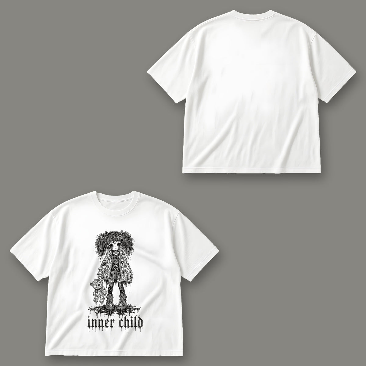 Inner Child Men's Oversized Tee - White by Trauma Dump, front and back view of white goth tee with black ink