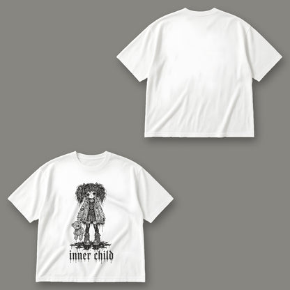 Inner Child Men's Oversized Tee - White by Trauma Dump, front and back view of white goth tee with black ink