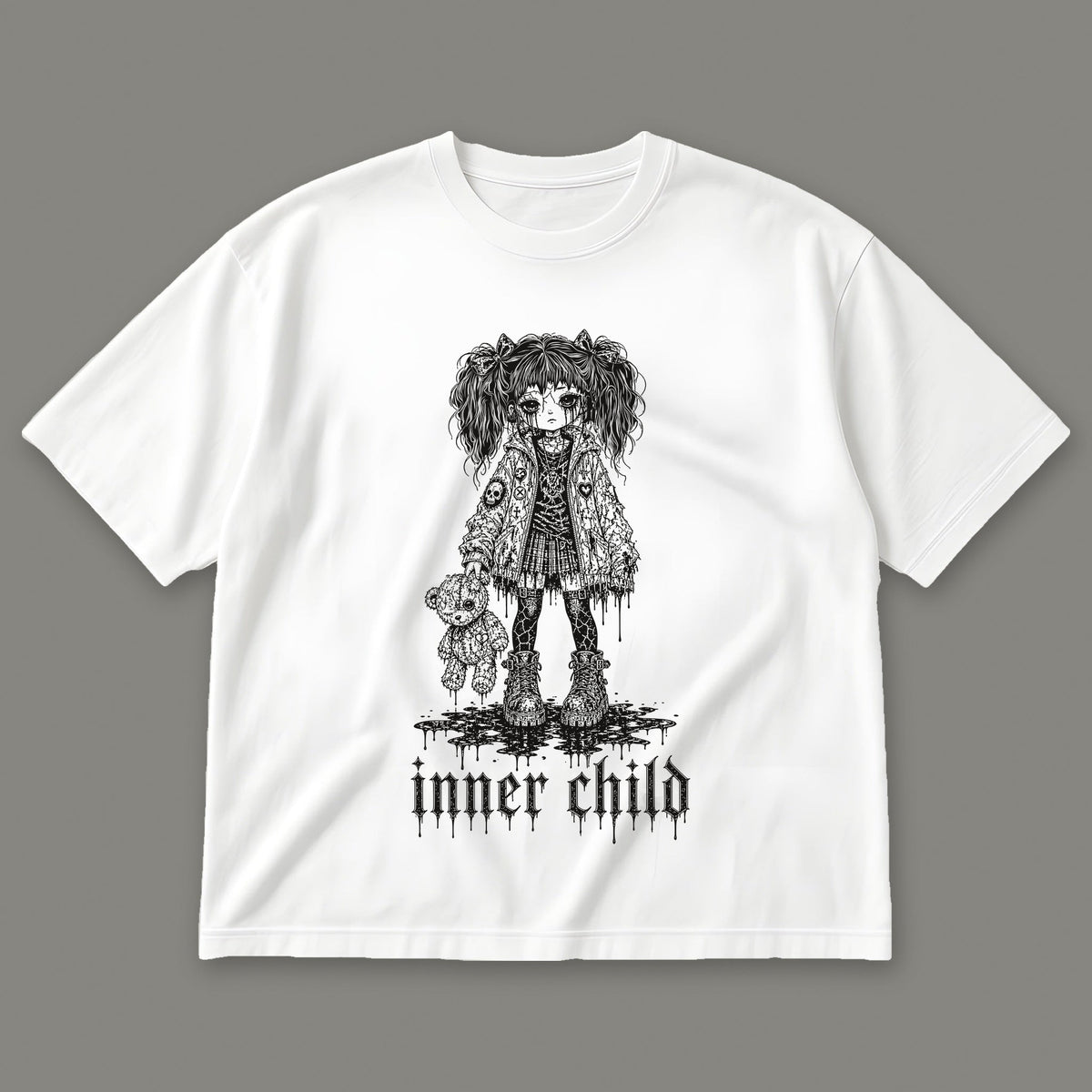 Inner Child Men's Oversized Tee in white by Trauma Dump, little girl with teddy bear tattoo-style gothic graphic in black ink