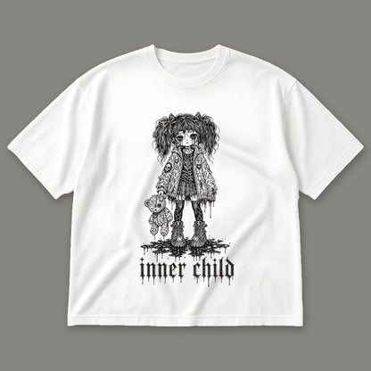 Inner Child Men's Oversized Tee in white by Trauma Dump, little girl with teddy bear tattoo-style gothic graphic in black ink
