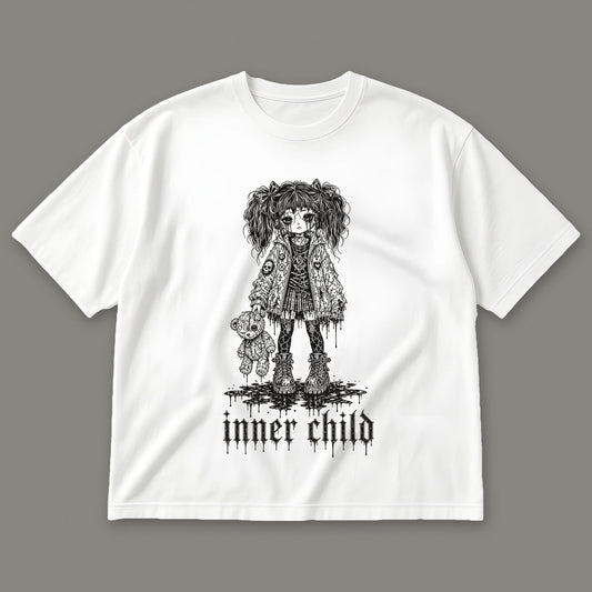 Inner Child Men's Oversized Tee in white by Trauma Dump, little girl with teddy bear tattoo-style gothic graphic in black ink
