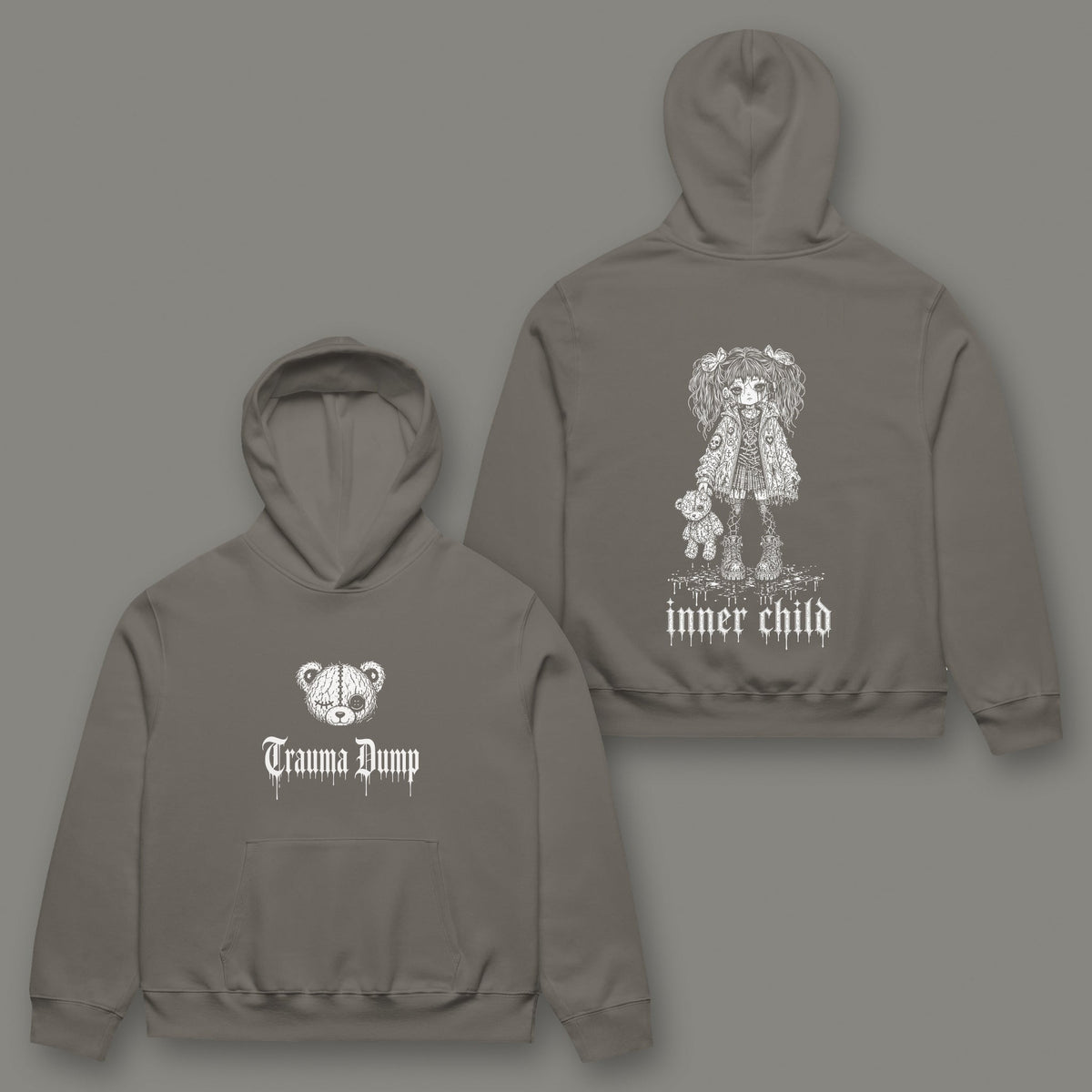 Inner Child Oversized Heavyweight Hoodie in asphalt black by Trauma Dump, girl and teddy bear tattoo-style gothic graphic
