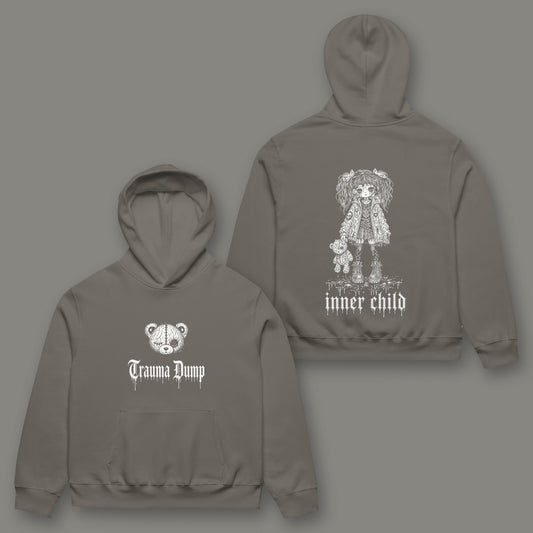 Inner Child Oversized Heavyweight Hoodie in asphalt black by Trauma Dump, girl and teddy bear tattoo-style gothic graphic