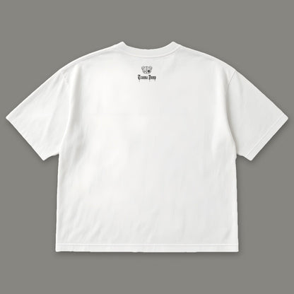 Inner Child Women's Boxy Tee - White by Trauma Dump, women's boxy goth tee back view with black Trauma Dump bear-head logo under the collar