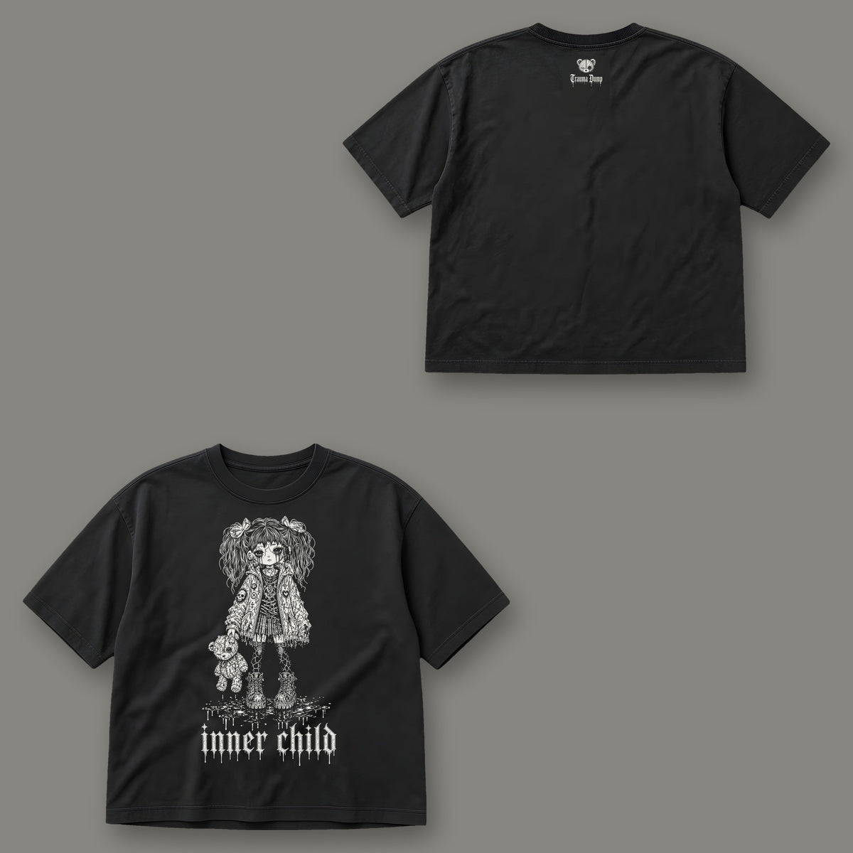 Inner Child Women's Boxy Tee by Trauma Dump, front and back view of black goth tee