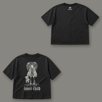 Inner Child Women's Boxy Tee by Trauma Dump, front and back view of black goth tee