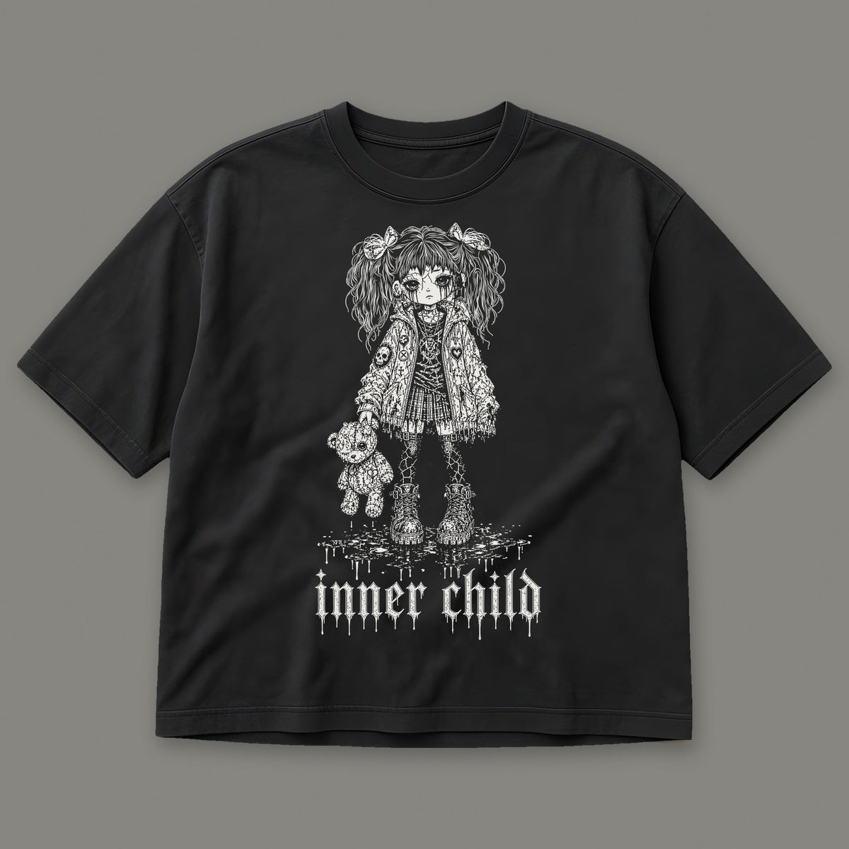 Inner Child Women's Boxy Tee in black by Trauma Dump, little girl with teddy bear tattoo-style gothic graphic