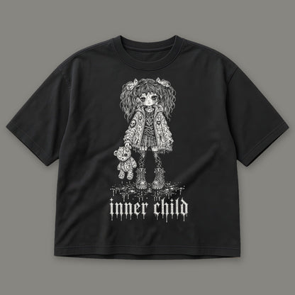 Inner Child Women's Boxy Tee in black by Trauma Dump, little girl with teddy bear tattoo-style gothic graphic