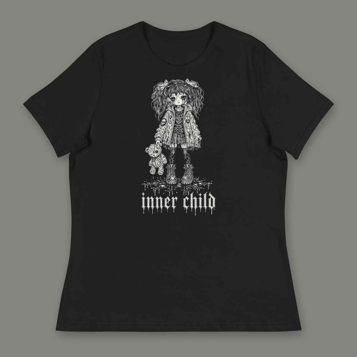 Inner Child Women's Relaxed Tee in black by Trauma Dump, little girl with teddy bear tattoo-style gothic graphic in white ink (Black, white ink)