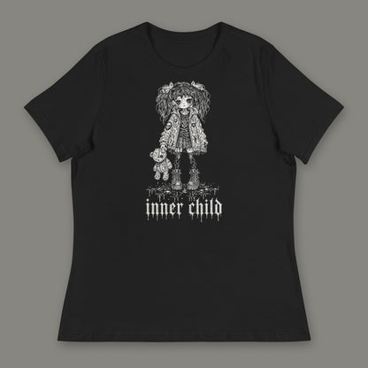 Inner Child Women's Relaxed Tee in black by Trauma Dump, little girl with teddy bear tattoo-style gothic graphic in white ink (Black, white ink)