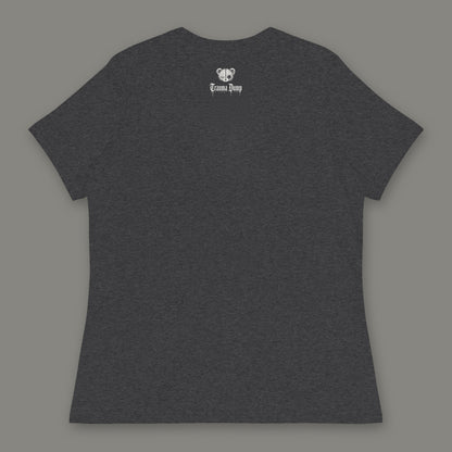 Inner Child Women's Relaxed Tee back, Trauma Dump bear-head logo under the collar (Dark Grey Heather, white ink)
